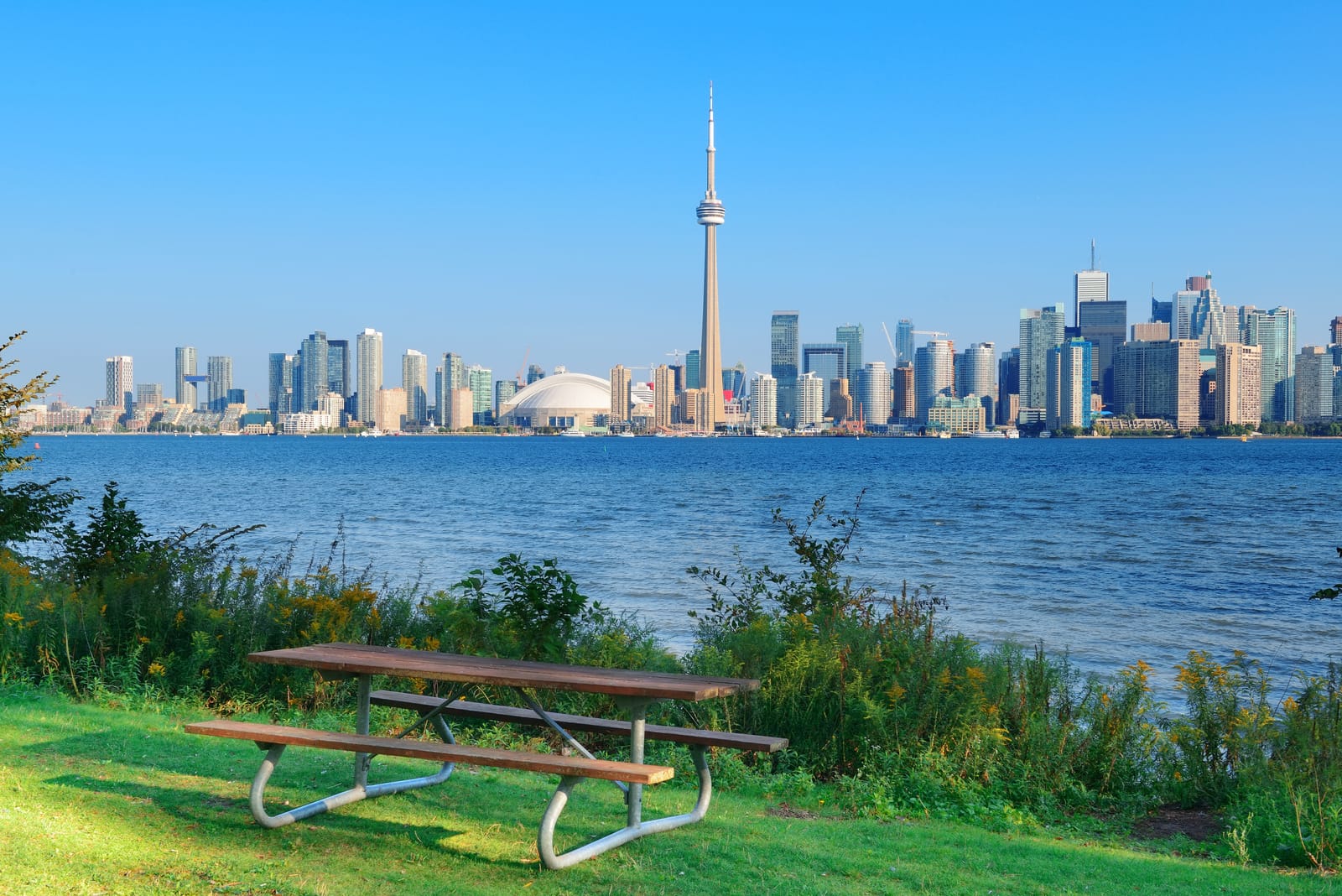The CN Tower and downtown Toronto across the water from a picnic table on the Toronto Islands